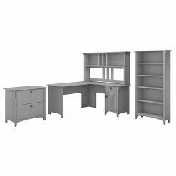 Bush Furniture Salinas 60W L Shaped Desk With Hutch, Lateral File Cabinet And 5 Shelf Bookcase, Cape Cod Gray (SAL007CG)