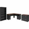 Bush Furniture Fairview 60"W L-Shaped Desk With Lateral File Cabinet And 5-Shelf Bookcase, Antique Black/Hansen Cherry (FV008AB)