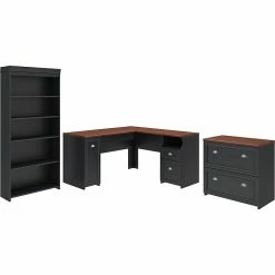 Bush Furniture Fairview 60"W L-Shaped Desk With Lateral File Cabinet And 5-Shelf Bookcase, Antique Black/Hansen Cherry (FV008AB)