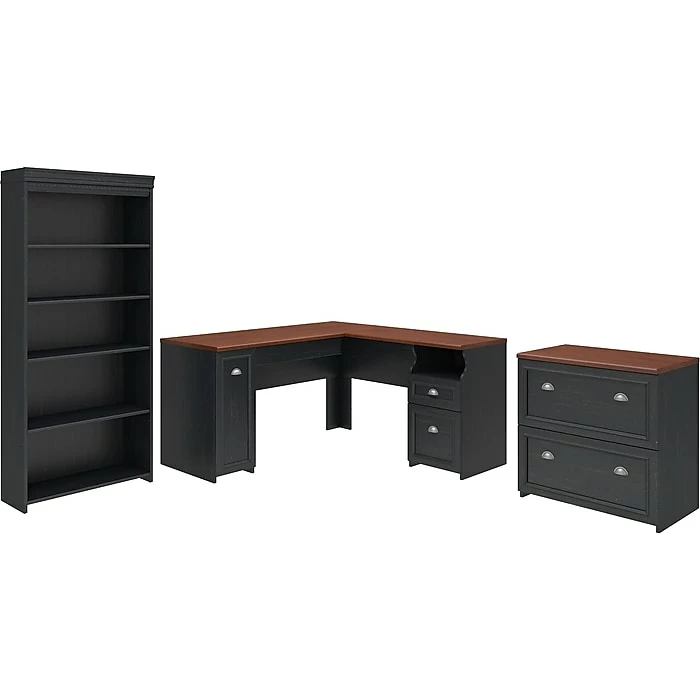 Bush Furniture Fairview 60"W L-Shaped Desk With Lateral File Cabinet And 5-Shelf Bookcase, Antique Black/Hansen Cherry (FV008AB)