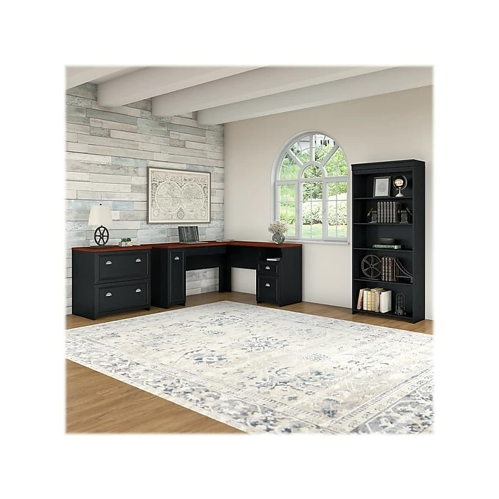 Bush Furniture Fairview 60"W L-Shaped Desk With Lateral File Cabinet And 5-Shelf Bookcase, Antique Black/Hansen Cherry (FV008AB) - Image 2