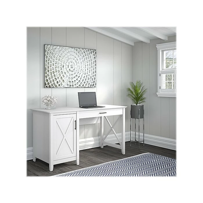 Bush Furniture Key West 54" Computer Desk With Storage, Pure White Oak (KWD154WT-03) - Image 2