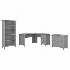 Bush Furniture Salinas 60W L Shaped Desk With Lateral File Cabinet And 5 Shelf Bookcase, Cape Cod Gray (SAL003CG)