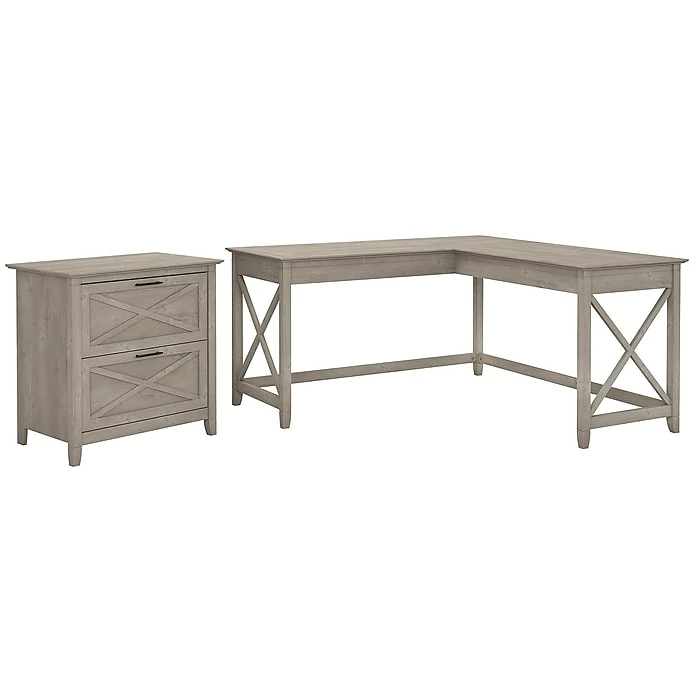 Bush Furniture Key West 60W L Shaped Desk With Lateral File Cabinet, Washed Gray (KWS014WG)