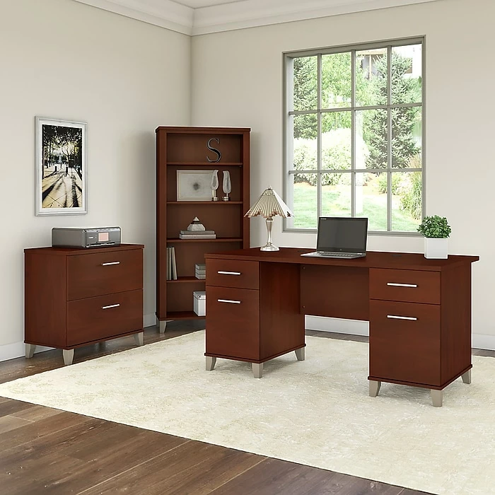 Bush Furniture Somerset 60W Office Desk With Lateral File Cabinet And 5 Shelf Bookcase, Hansen Cherry (SET013HC) - Image 2