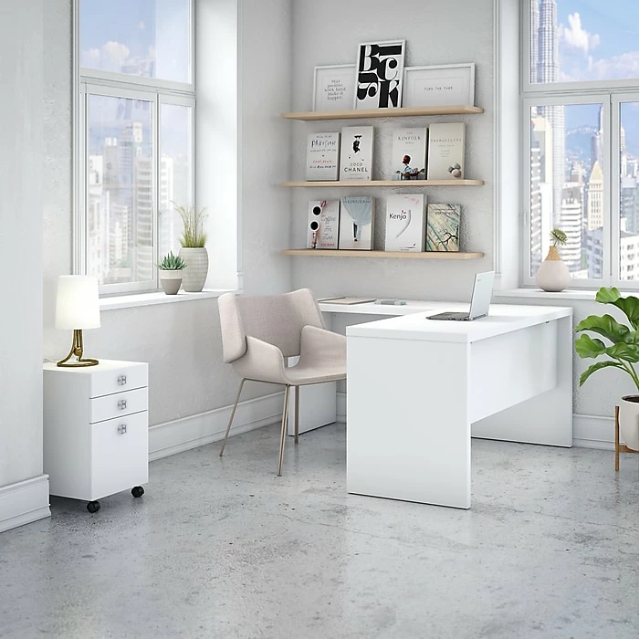 Office By Kathy Ireland® Echo L Shaped Desk With Mobile File Cabinet, Pure White/Pure White (ECH008PW) - Image 2