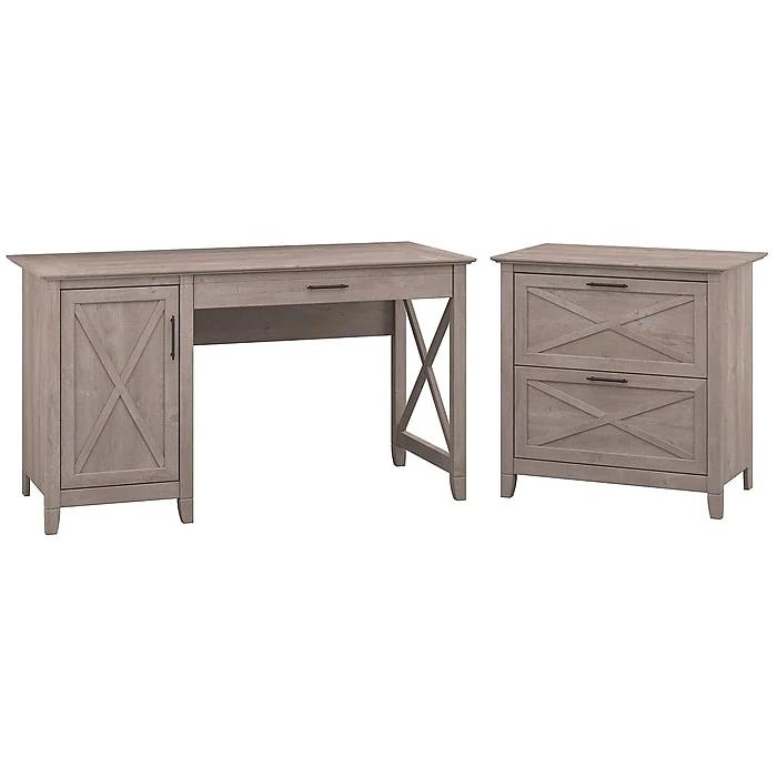 Bush Furniture Key West 54"W Single Pedestal Desk With Lateral File, Washed Gray (KWS008WG)