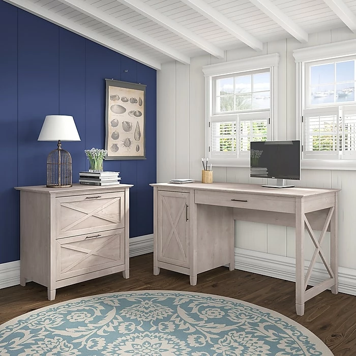 Bush Furniture Key West 54"W Single Pedestal Desk With Lateral File, Washed Gray (KWS008WG) - Image 2