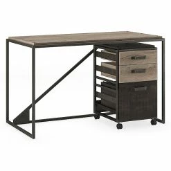 Bush Furniture Refinery 50W Industrial Desk With 3 Drawer Mobile File Cabinet, Rustic Gray (RFY006RG)
