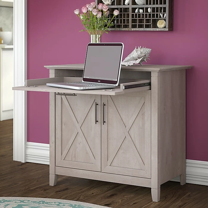 Bush Furniture Key West Secretary Desk With Keyboard Tray And Storage Cabinet, Washed Gray, (KWS132WG-03) - Image 3