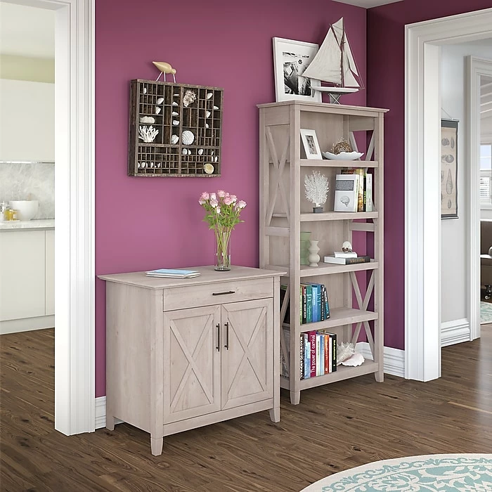 Bush Furniture Key West Secretary Desk With Keyboard Tray And Storage Cabinet, Washed Gray, (KWS132WG-03) - Image 6