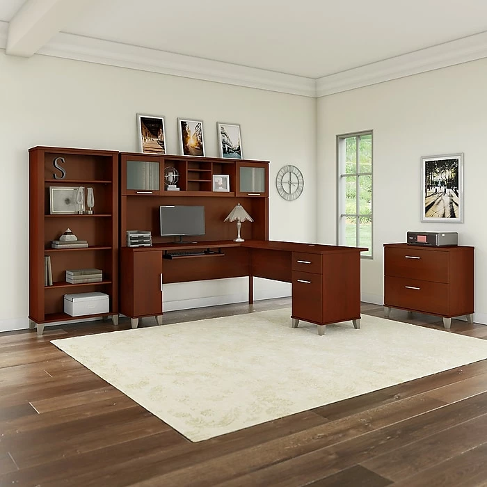 Bush Furniture Somerset 72W L Shaped Desk With Hutch, Lateral File Cabinet And Bookcase, Hansen Cherry (SET012HC) - Image 2