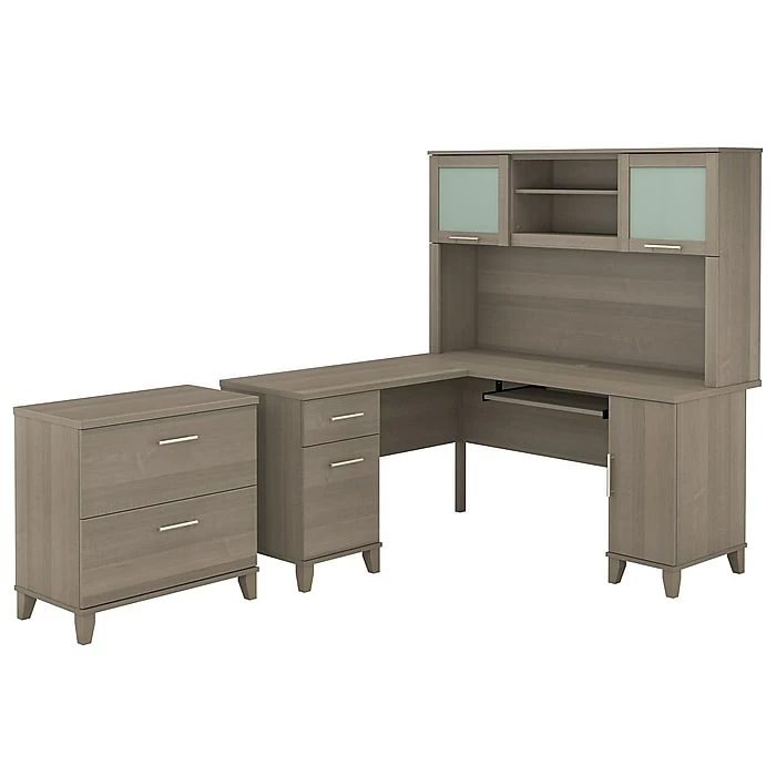 Bush Furniture Somerset 60W L Shaped Desk With Hutch And Lateral File Cabinet, Ash Gray (SET008AG)