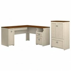 Bush Furniture Fairview 60W L Shaped Desk And Storage Cabinet With Drawer, Antique White/Tea Maple (FV009AW)