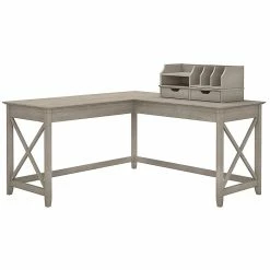 Bush Furniture Key West 60W L Shaped Desk With Desktop Organizers, Washed Gray (KWS015WG)