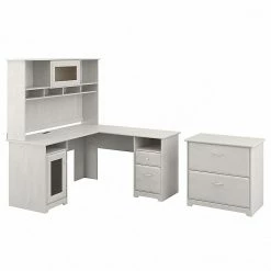 Bush Furniture Cabot 60" L-Shaped Desk With Hutch And Lateral File Cabinet, Linen White Oak (CAB005LW)