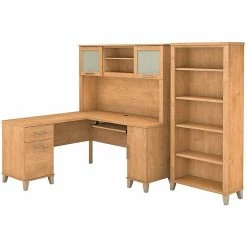 Bush Furniture Somerset 60W L Shaped Desk With Hutch And 5 Shelf Bookcase, Maple Cross (SET010MC)