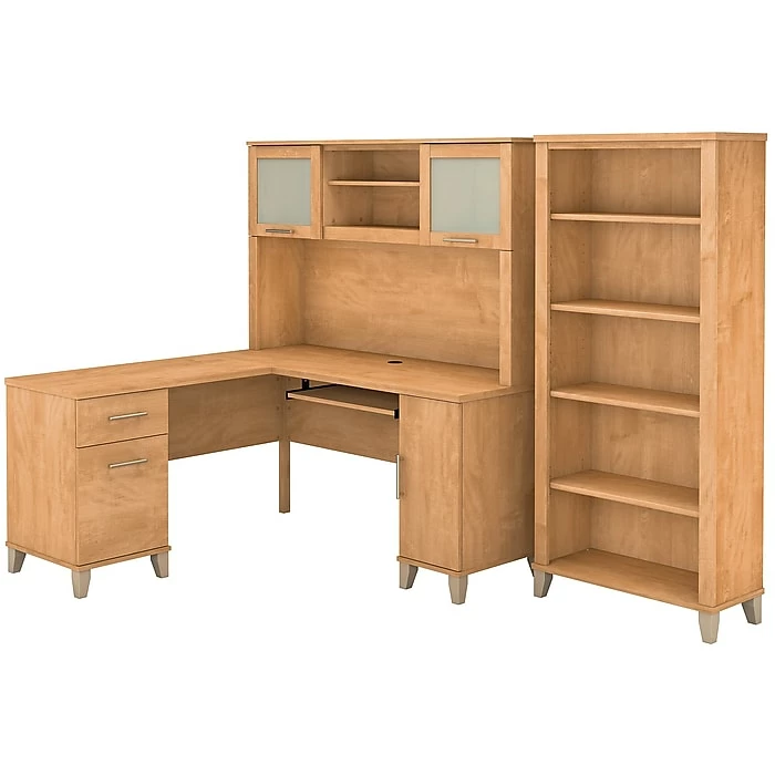 Bush Furniture Somerset 60W L Shaped Desk With Hutch And 5 Shelf Bookcase, Maple Cross (SET010MC)