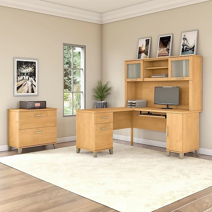 Bush Furniture Somerset 60W L Shaped Desk With Hutch And Lateral File Cabinet, Maple Cross (SET008MC) - Image 2