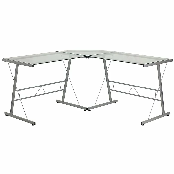 Flash Furniture 84" Glass L-Shape Computer Desk, Clear/Silver (NANCD22181)