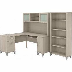 Bush Furniture Somerset 60" L-Shaped Desk With Hutch And 5-Shelf Bookcase, Sand Oak (SET010SO)