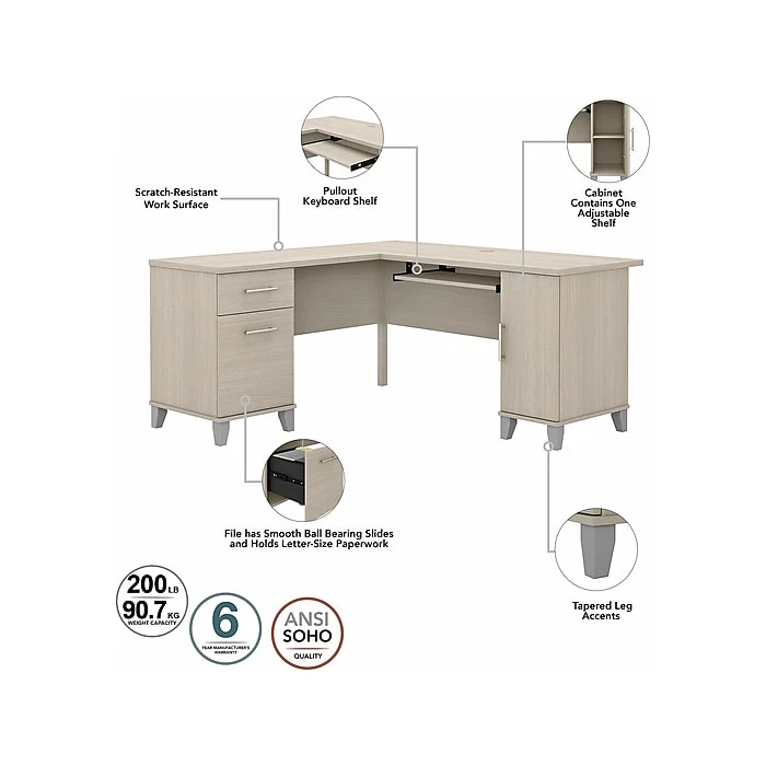 Bush Furniture Somerset 60" L-Shaped Desk With Hutch And 5-Shelf Bookcase, Sand Oak (SET010SO) - Image 3