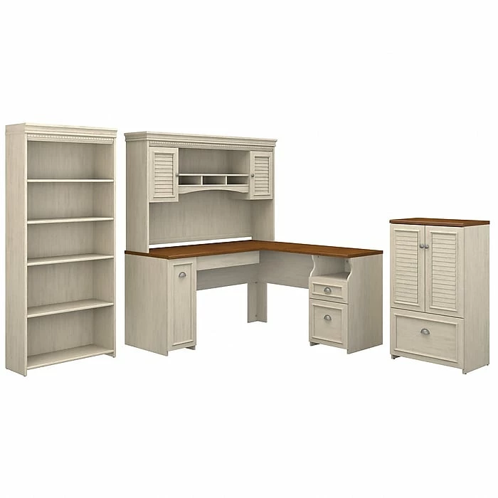 Bush Furniture Fairview 60W L Shaped Desk With Hutch, Storage Cabinet With Drawer And 5 Shelf Bookcase, Antique White (FV011AW) - Image 2
