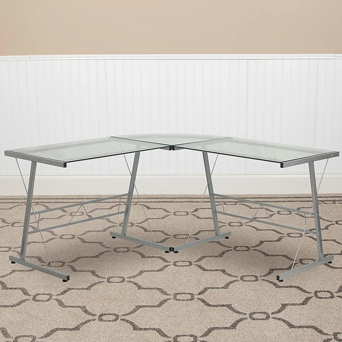 Flash Furniture 84" Glass L-Shape Computer Desk, Clear/Silver (NANCD22181) - Image 2