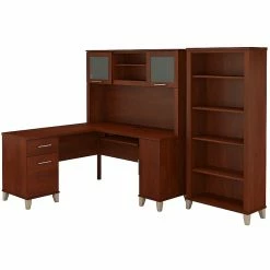 Bush Furniture Somerset 60W L Shaped Desk With Hutch And 5 Shelf Bookcase, Hansen Cherry (SET010HC)