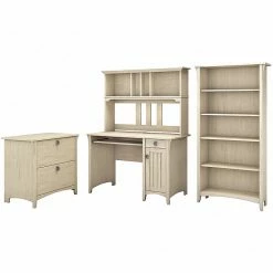 Bush Furniture Salinas Mission Desk With Hutch, Lateral File Cabinet And 5 Shelf Bookcase, Antique White (SAL002AW)