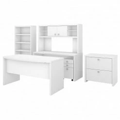 Office By Kathy Ireland® Echo Bow Front Desk, Credenza With Hutch, Bookcase And File Cabinets, Pure White/Pure White (ECH029PW)