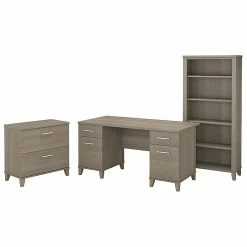 Bush Furniture Somerset 60W Office Desk With Lateral File Cabinet And 5 Shelf Bookcase, Ash Gray (SET013AG)