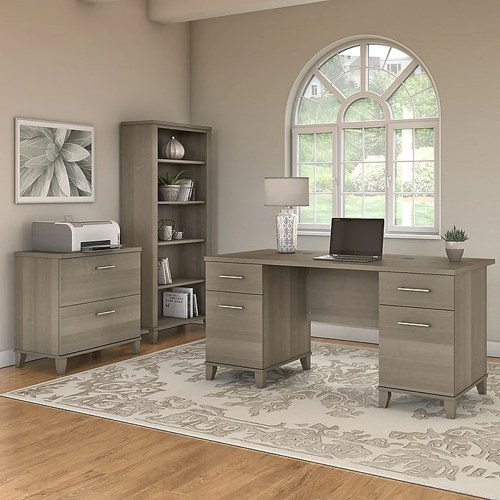 Bush Furniture Somerset 60W Office Desk With Lateral File Cabinet And 5 Shelf Bookcase, Ash Gray (SET013AG) - Image 2