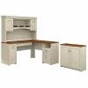 Bush Furniture Fairview 60W L Shaped Desk With Hutch And Small Storage Cabinet, Antique White/Tea Maple (FV012AW)