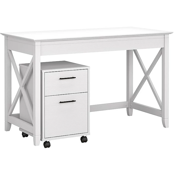 Bush Furniture Key West 48" Writing Desk With 2-Drawer Mobile File Cabinet, Pure White Oak (KWS001WT)
