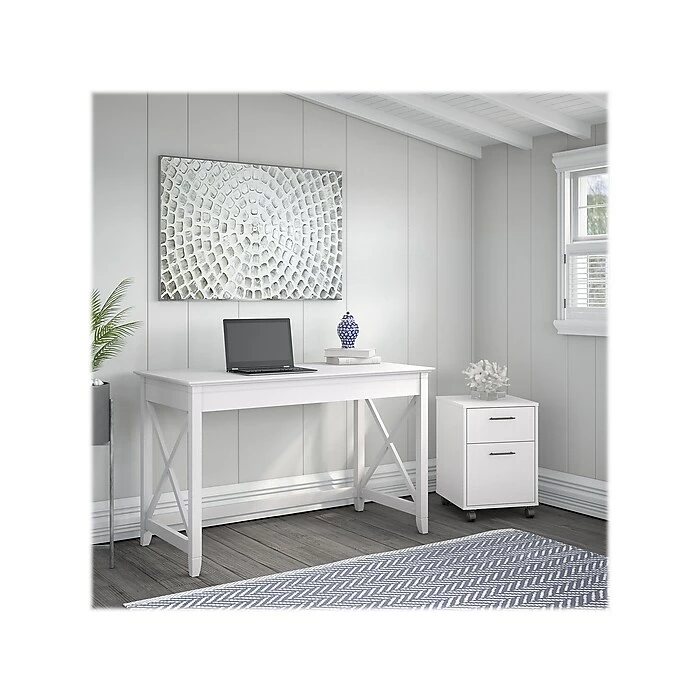 Bush Furniture Key West 48" Writing Desk With 2-Drawer Mobile File Cabinet, Pure White Oak (KWS001WT) - Image 2