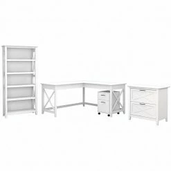 Bush Furniture Key West 60" L-Shaped Desk With File Cabinets And 5-Shelf Bookcase, Pure White Oak (KWS017WT)