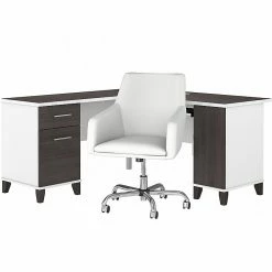 Bush Furniture Somerset 60" L-Shaped Desk With Mid Back Leather Box Chair, Storm Gray/White (SET022SGWH)