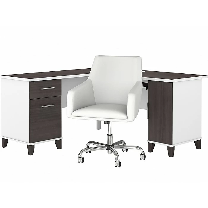 Bush Furniture Somerset 60" L-Shaped Desk With Mid Back Leather Box Chair, Storm Gray/White (SET022SGWH)