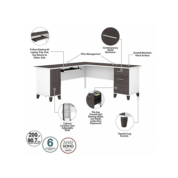 Bush Furniture Somerset 60" L-Shaped Desk With Mid Back Leather Box Chair, Storm Gray/White (SET022SGWH) - Image 3