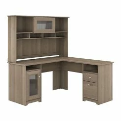 Bush Furniture Cabot 60" L-Shaped Computer Desk With Hutch, Ash Gray (CAB001AG)