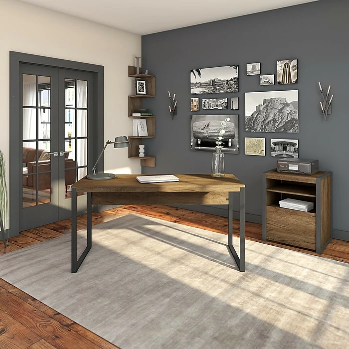 Bush Furniture Latitude 60W Writing Desk With Printer Stand File Cabinet, Rustic Brown Embossed (LAT002RB) - Image 2