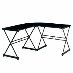 Techni Mobili L-Shaped Glass Top Computer Corner Desk, Black (RTA-3805L-BK)