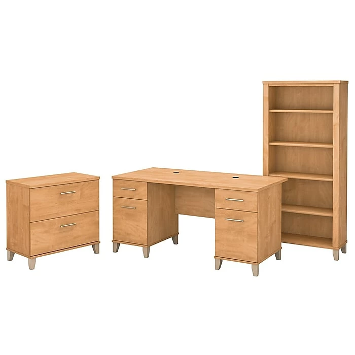 Bush Furniture Somerset 60W Office Desk With Lateral File Cabinet And 5 Shelf Bookcase, Maple Cross (SET013MC)