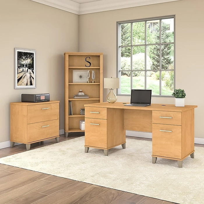 Bush Furniture Somerset 60W Office Desk With Lateral File Cabinet And 5 Shelf Bookcase, Maple Cross (SET013MC) - Image 2