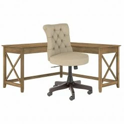 Bush Furniture Key West 60" L-Shaped Desk With Mid-Back Tufted Office Chair, Reclaimed Pine (KWS045RCP)