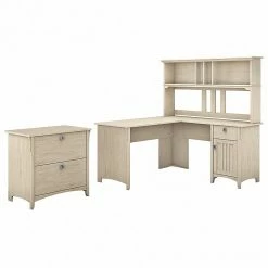 Bush Furniture Salinas 60W L Shaped Desk With Hutch And Lateral File Cabinet, Antique White (SAL005AW)