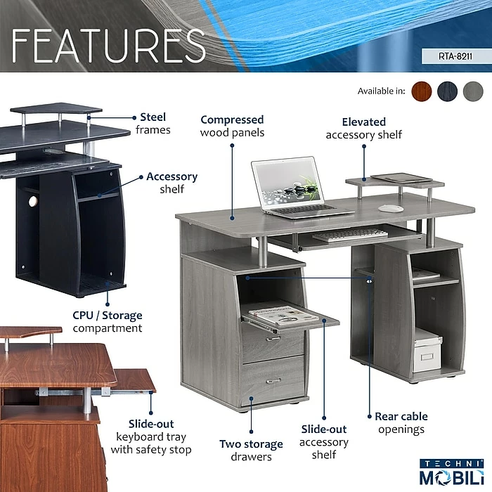 Techni Mobili Complete Computer Workstation Desk With Storage, Gray (RTA-8211-GRY) - Image 6