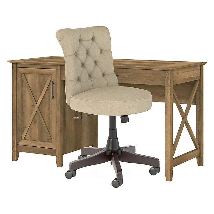 Bush Furniture Key West 54" Computer Desk With Storage And Mid-Back Tufted Office Chair, Reclaimed Pine (KWS020RCP)