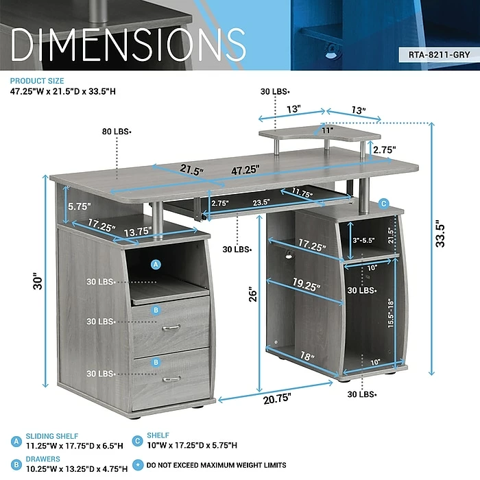 Techni Mobili Complete Computer Workstation Desk With Storage, Gray (RTA-8211-GRY) - Image 9